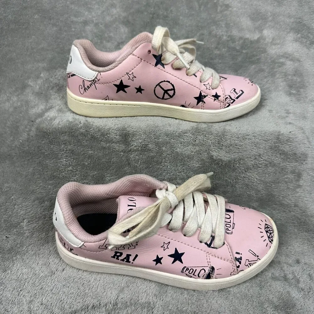 Polo Ralph Lauren Kids Pink Graphic Print Leather Sneakers Low Top - Picture 2 of 10